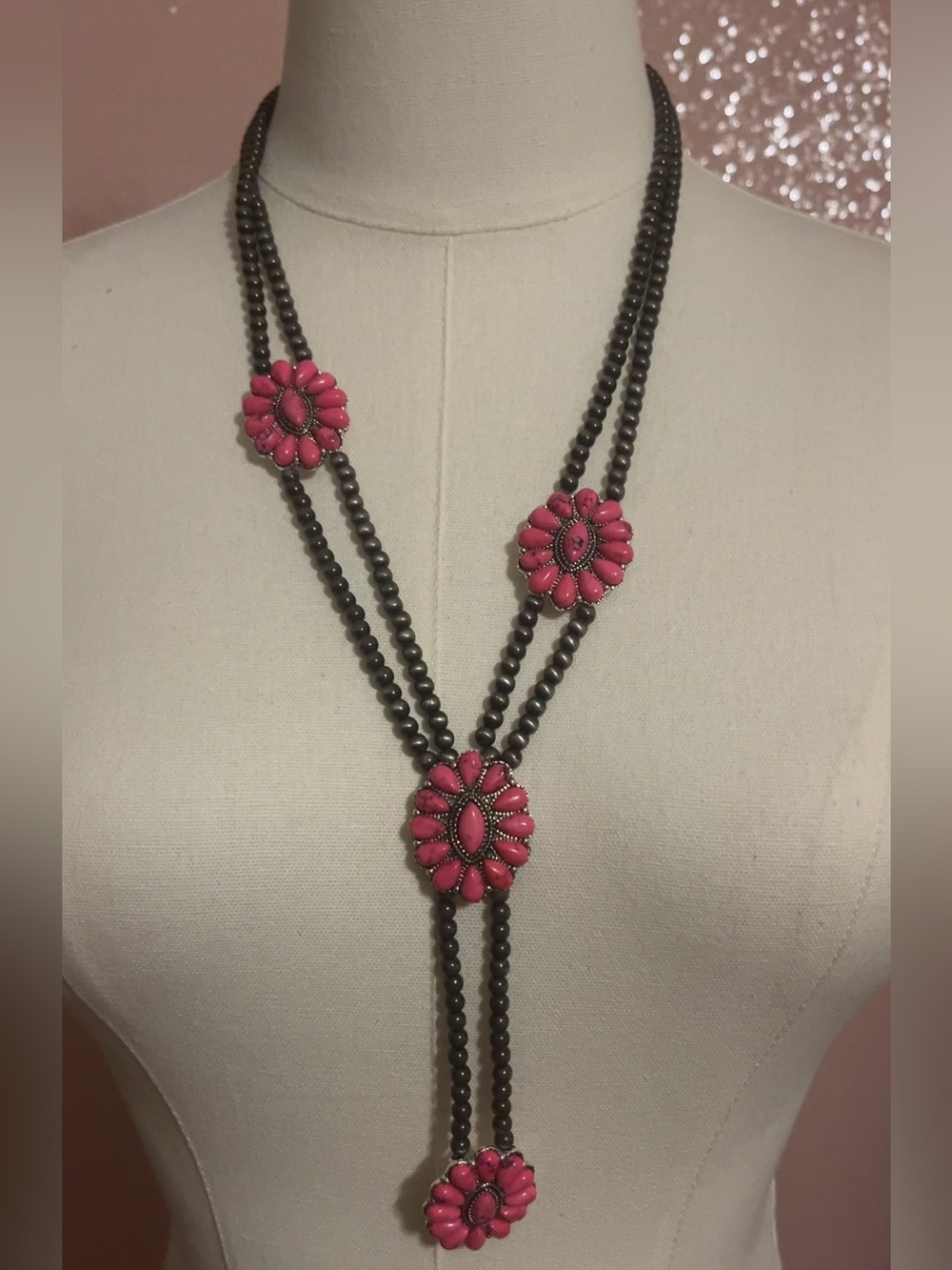 Pink Floral Beaded Long Necklace - Picture 2 of 4